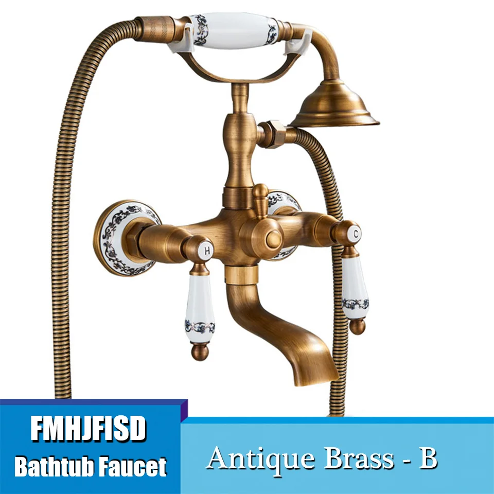 Antique Brass B Смеситель для ванны в форме телефона, 2 ручки, водопад, носик и ручной душ, широко распространенный Римский кран для душа, смеситель для воды - Цвет: Antique Brass B