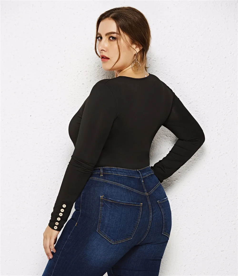 5XL6XL женский комбинезон с длинным рукавом и О-образным вырезом, облегающий женский сексуальный боди черного и белого цвета, трикотажный комбинезон размера плюс, женский комбинезон на молнии