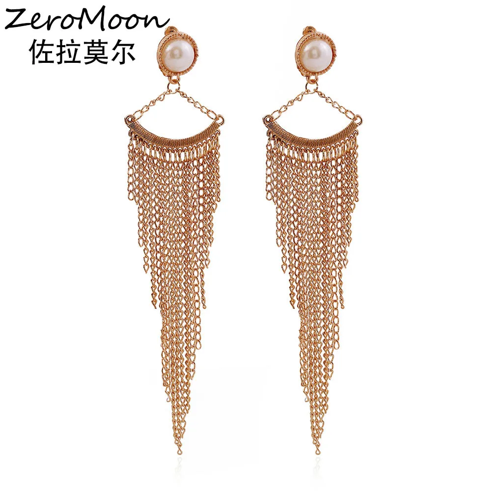 

Bohemia Metal Long Chian Tassel Dangle Earrings Pearl Ear Accessory For Women Fashion Jewelry