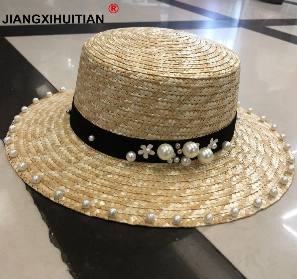 Wide Brim Pearls Straw Hat For Women Flat Top Summer Sun Hats Wheat Ladies beige Girl Beach Chapeu Feminino | Аксессуары для