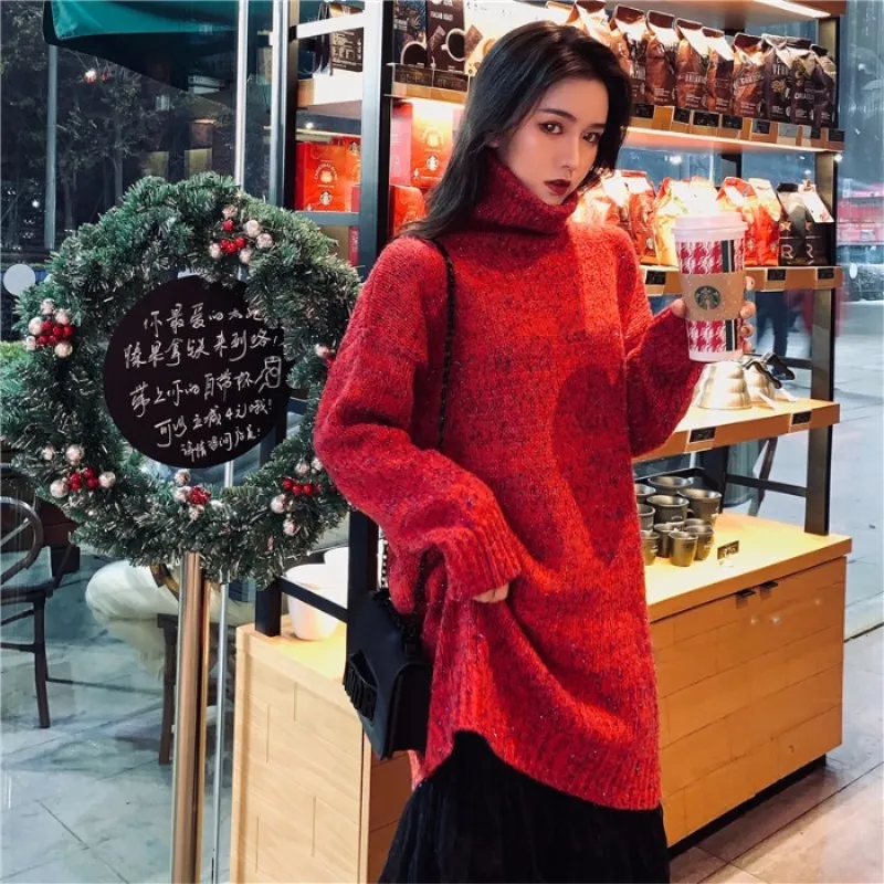 Sweater autumn and winter women's new fashion wild red turtleneck sweater female loose hood long tops | Женская одежда