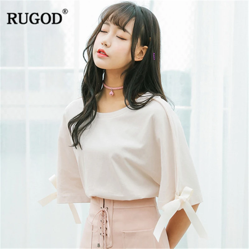 Женская футболка с бантом RUGOD белая свободная короткими рукавами и круглым