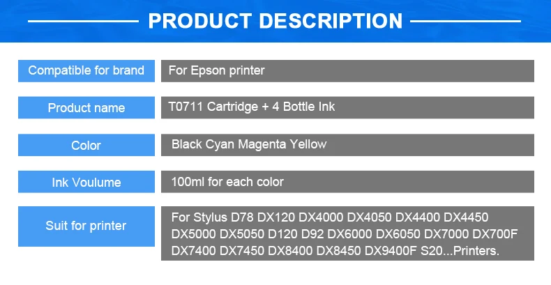 T0711 набор чернил для заправки картриджа для принтера Epson Stylus SX205 SX215 SX218 SX400 SX415 SX515W SX600FW SX610FW принтер+ 100 мл флакон под чернила рукоделие