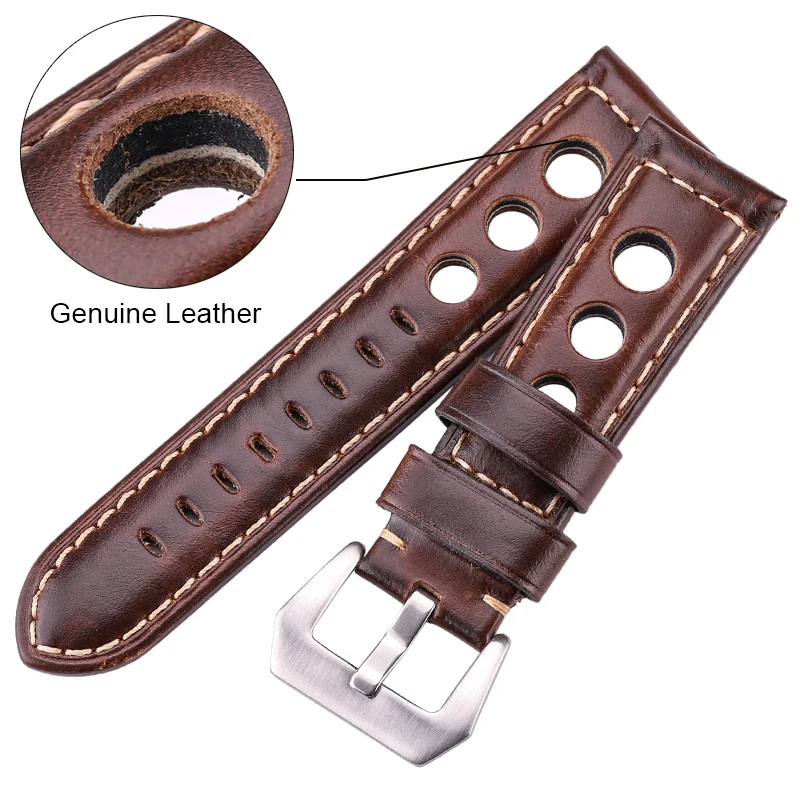 Oil Wax Cowhide Watchbands 22mm 24mm Dark Brown Women Men Fashion Genuine Leather Watch Band Strap Belt With Pin Buckle