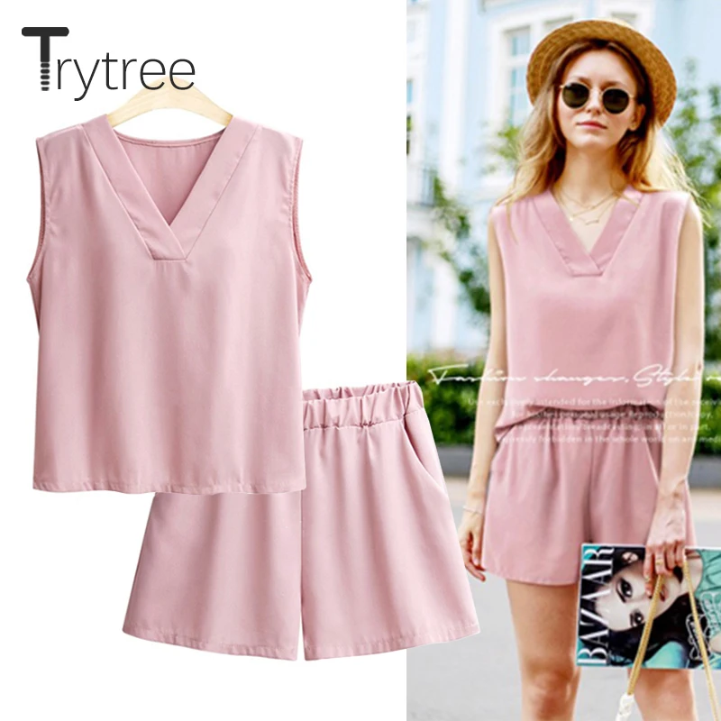 Trytree летний женский костюм из двух предметов Повседневное шелковистой v образные