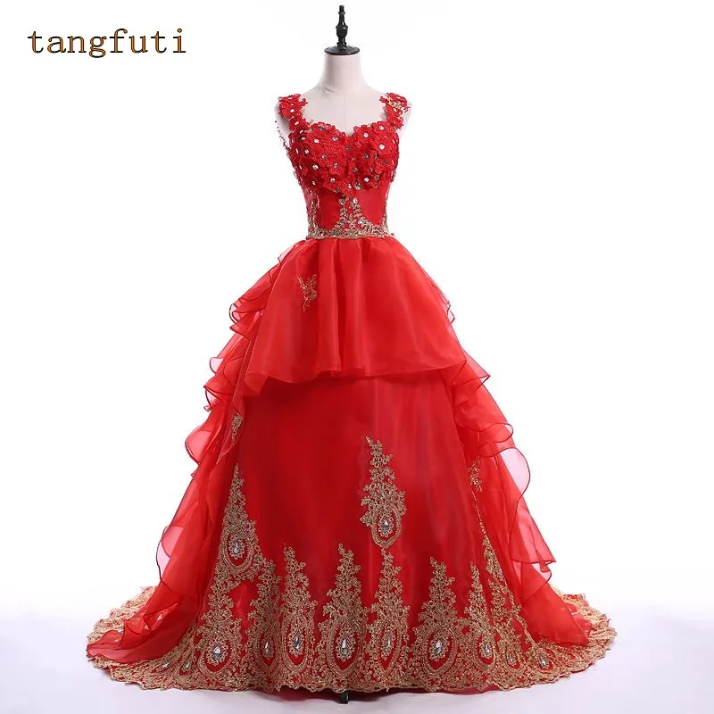 Красное Бальное Платье Свадебные Платья Золотые Аппликации кристаллы блестки