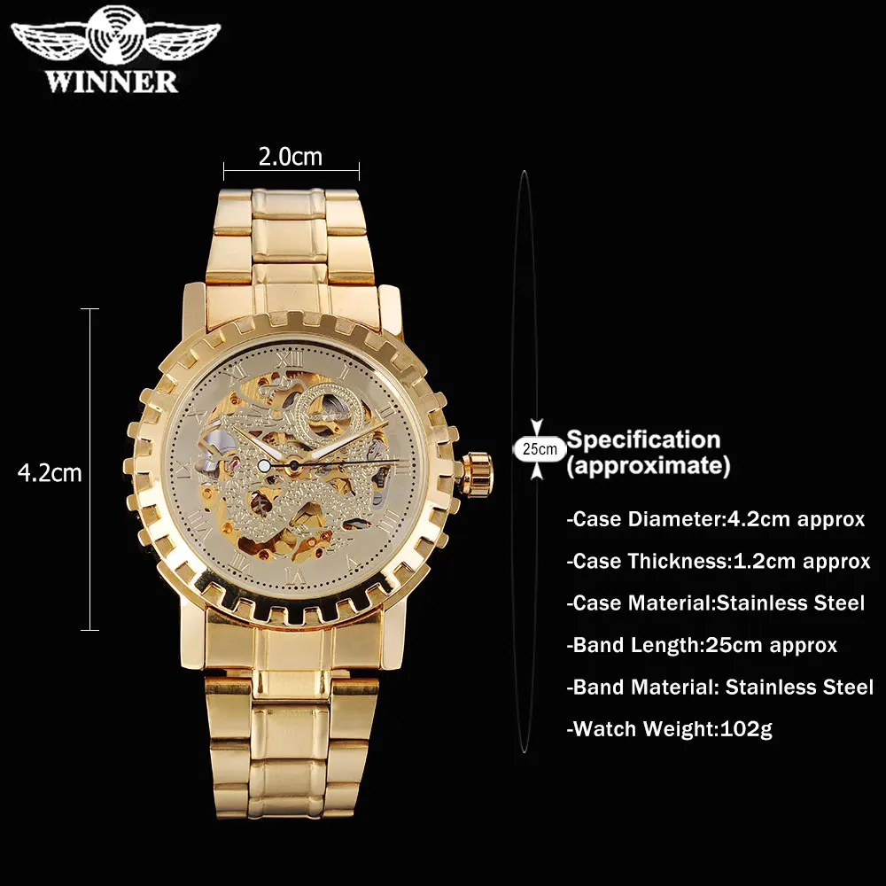 Мужские автоматические механические часы WINNER Стальные наручные с золотым