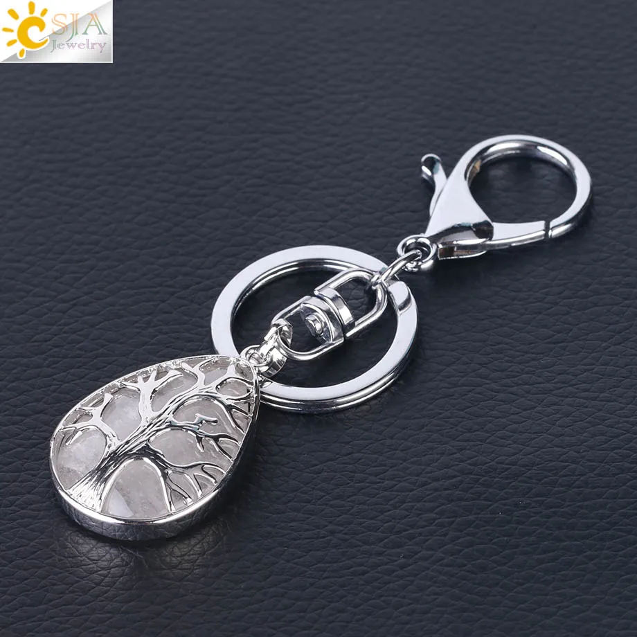 White Crystal CSJA модные капли воды брелки для ключей брелок для ключей рейки натуральный драгоценный камень Дерево жизни кулон для автомобиля мотоцикл сумка F400 - Цвет: White Crystal