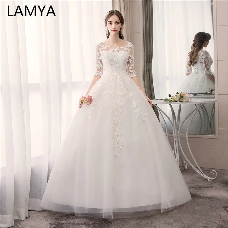 

LAMYA Vintage Ball Gown Bridal Dress Muslim Plus Size Wedding Dress Princess with Lace Sleeve vestido de noiva Real Pictures
