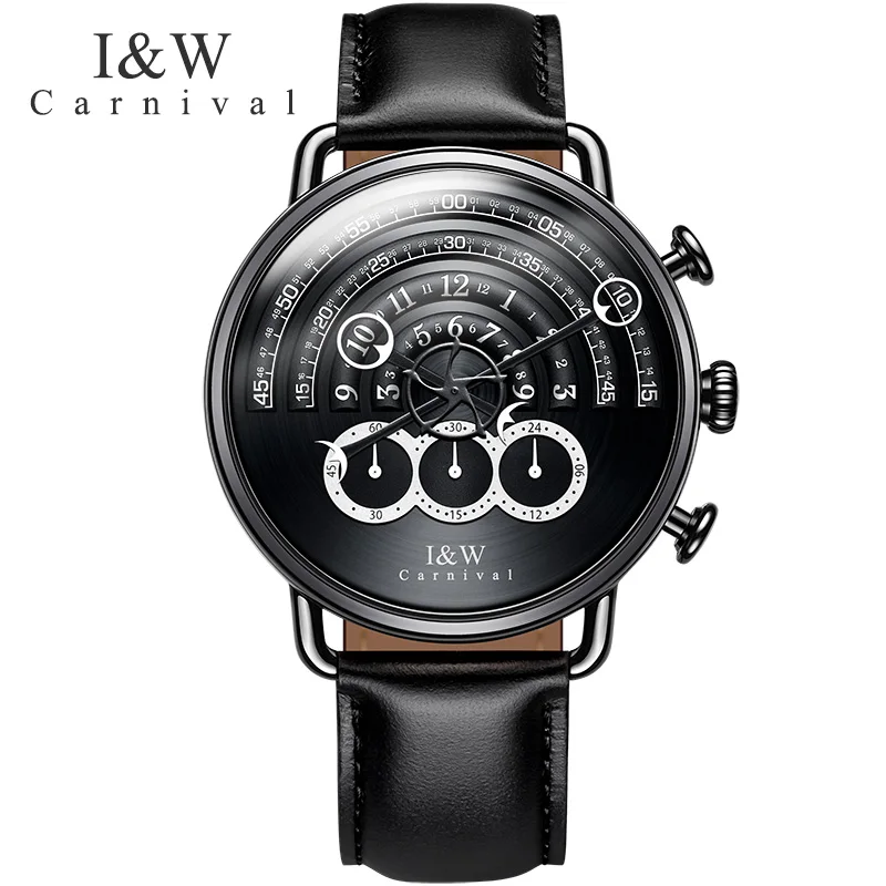 

2017 CARNIVAL I&W Avant Sport BigDial Quartz Men Watch TopBrand Luxury Steampunk Sapphire Mirror Black Leather Waterproof Montre