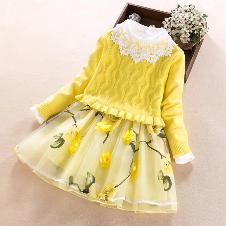 

European and American autumn new 2018 Parent-child outfit Long-sleeved sweater + lapel printed dress Girl's suit