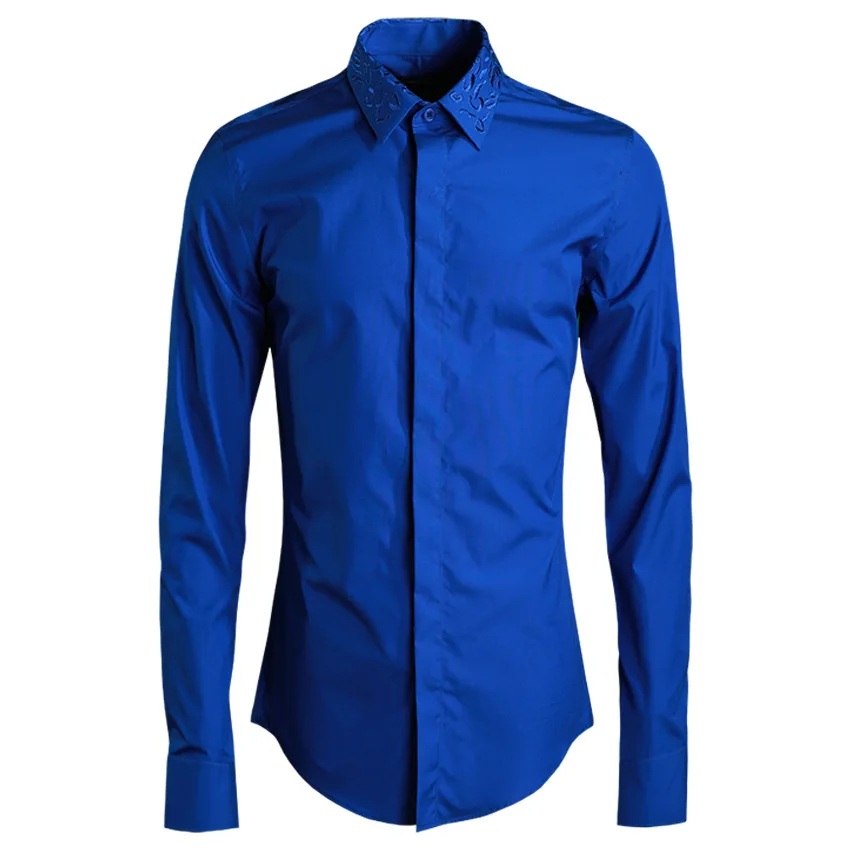 

Original design blue embroidered collar cotton shirt men brand fashion solid shirts male spring and summer casual shirt mens
