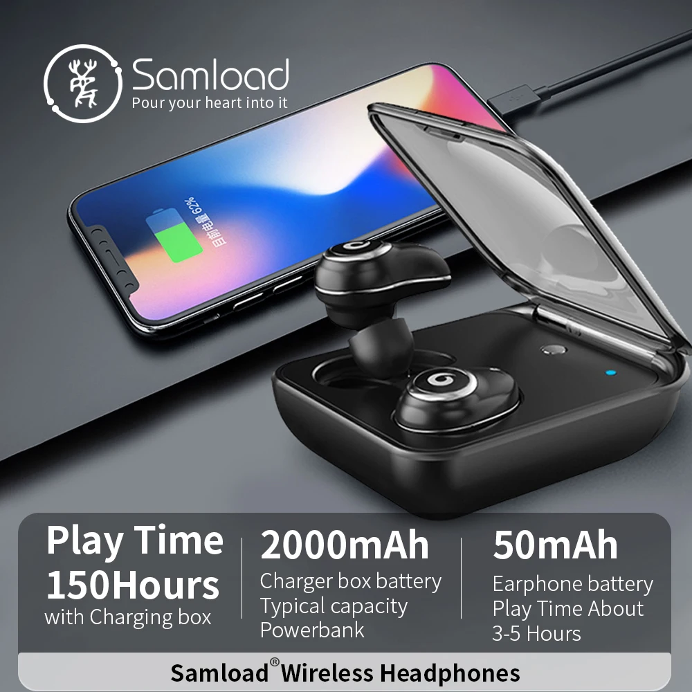 Samload, беспроводные стерео наушники IPX7, Bluetooth 5,0, наушники с сенсорным управлением, автоматическая пара с блоком питания для большинства смартфонов