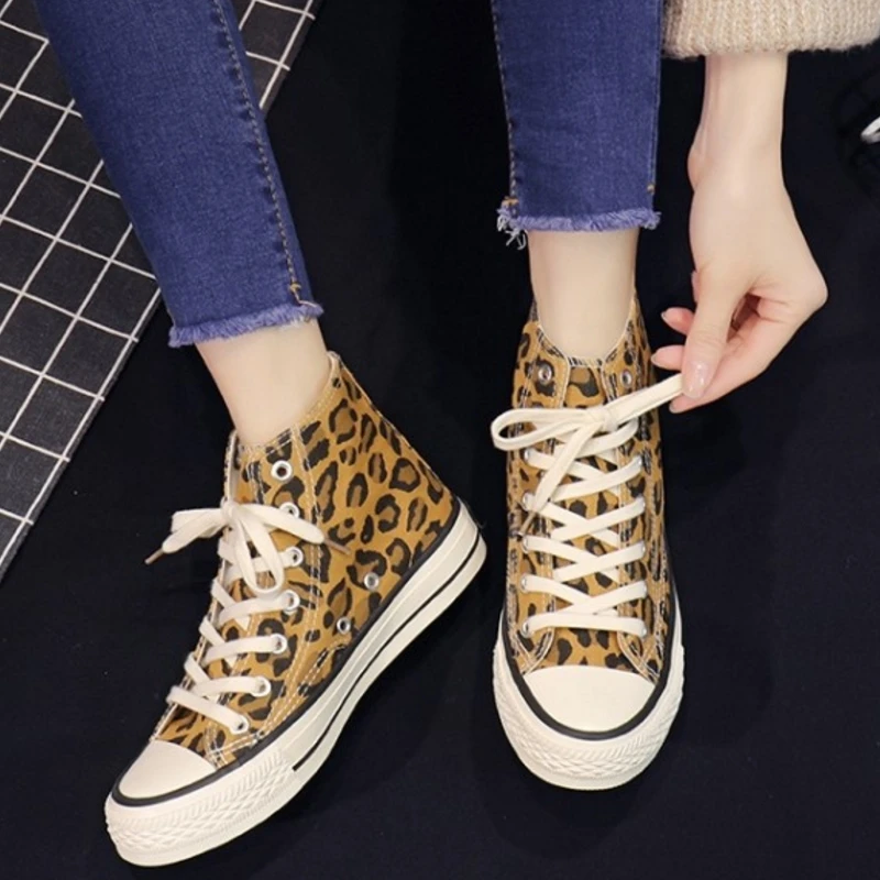 SJJH Women Canvas Leopard Sneakers High Low Top Comfortable Shoes Vulcanize Flats Casual Chaussure Lace-up Ladies Footwear D004