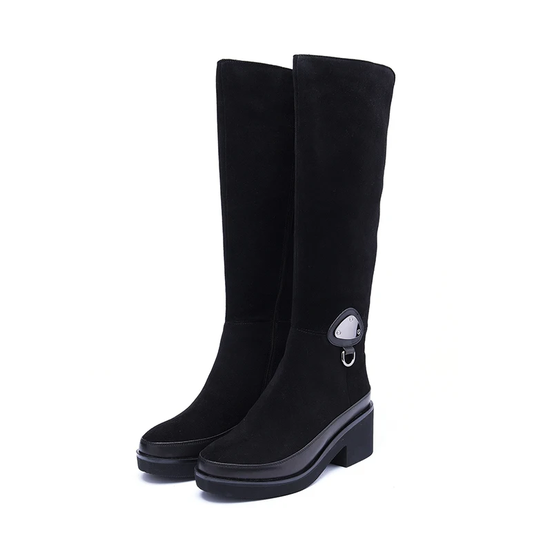 Женские сапоги из коровьей замши Hellenia черные до колена на меху теплая зимняя