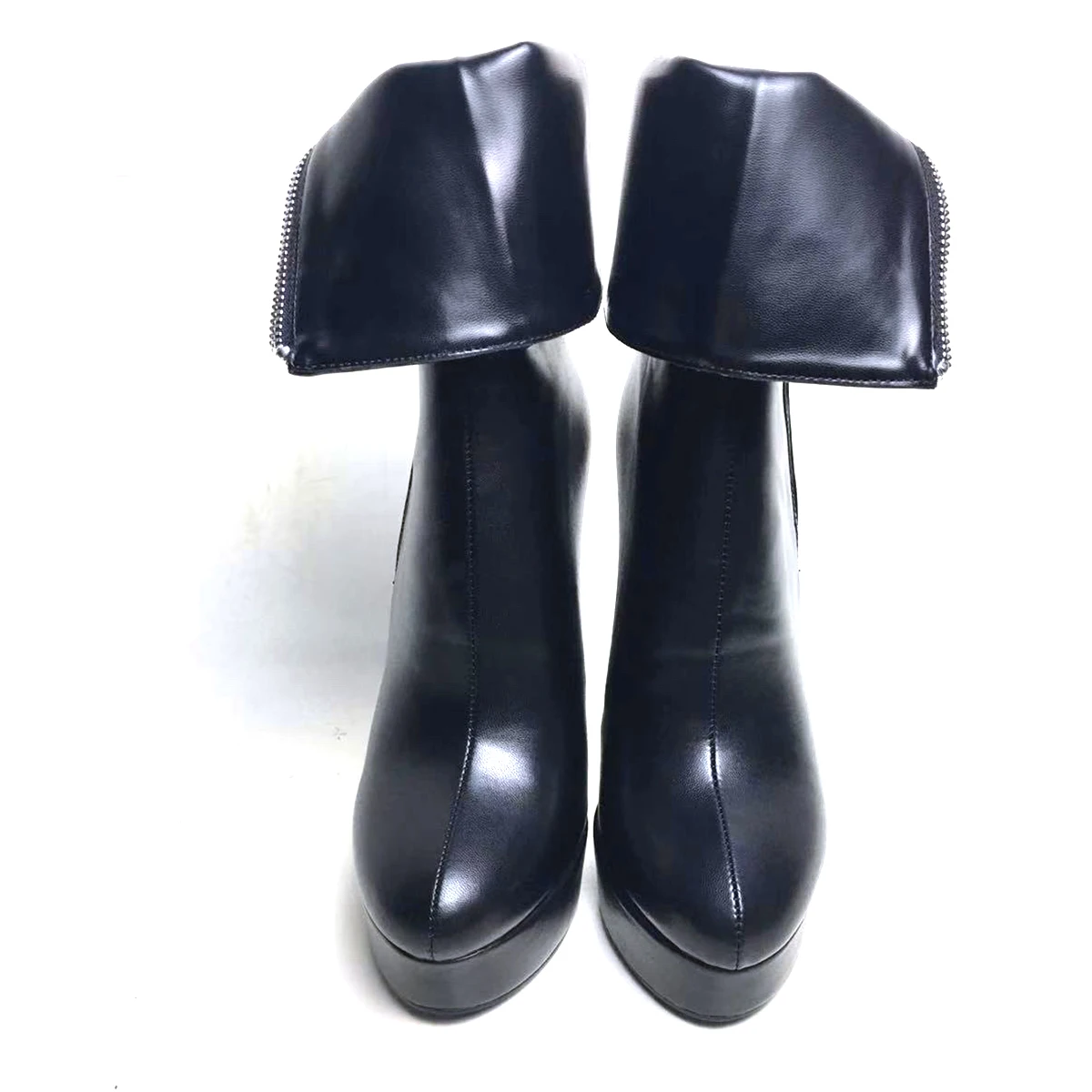 

Aiyoway Elegant Ankle Boots Round Toe High Thin Heels Platform Zipper Women Shoes Booties Black PU Leather US Size 5-13