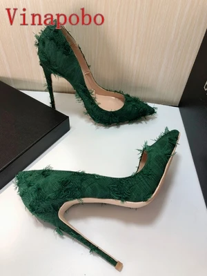 Туфли-лодочки женские с бахромой флоковые высокий каблук-шпилька зеленые