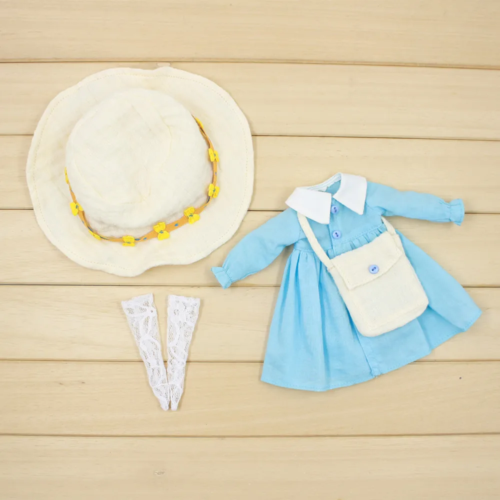 Аксессуары для кукол Blyth ICY Licca Body 1/6 в стиле мори голубое платье цветная шапка