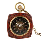 Топ Роскошный квадратный механический ручной обмотки Королевский Красный бамбуковый карманные часы с отделкой из дерева ретро подарки в античном стиле для мужчин и женщин + 30 см золотая цепочка