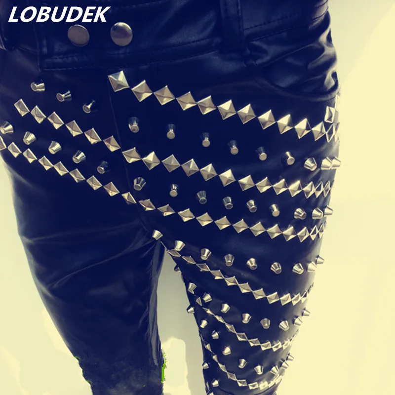 PU Leather Pants Fashion Male Costume Rivet Slim Black For Singer Dancer Stars Performance Nightclub Bar