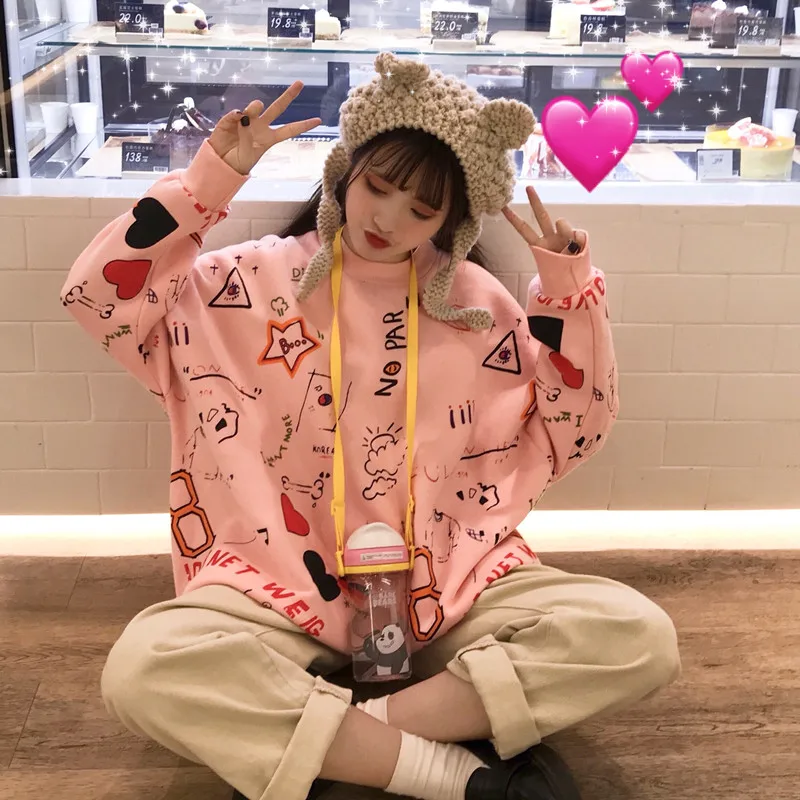 Граффити Повседневная Свободная Толстовка Женские кофты японский Harajuku Ulzzang