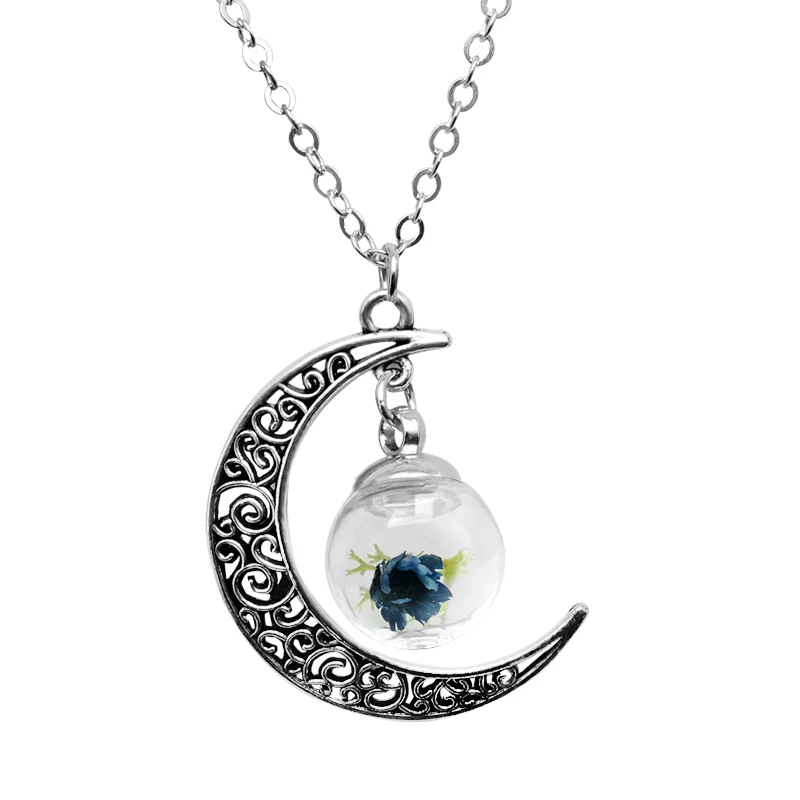 Девушка Луна натуральный сушеный цветок ожерелье покрытие серебро стекло купол