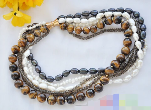 Jew2784 6 рядов белый черный жемчуг дымчатый кварц тигровый глаз ожерелье | Украшения