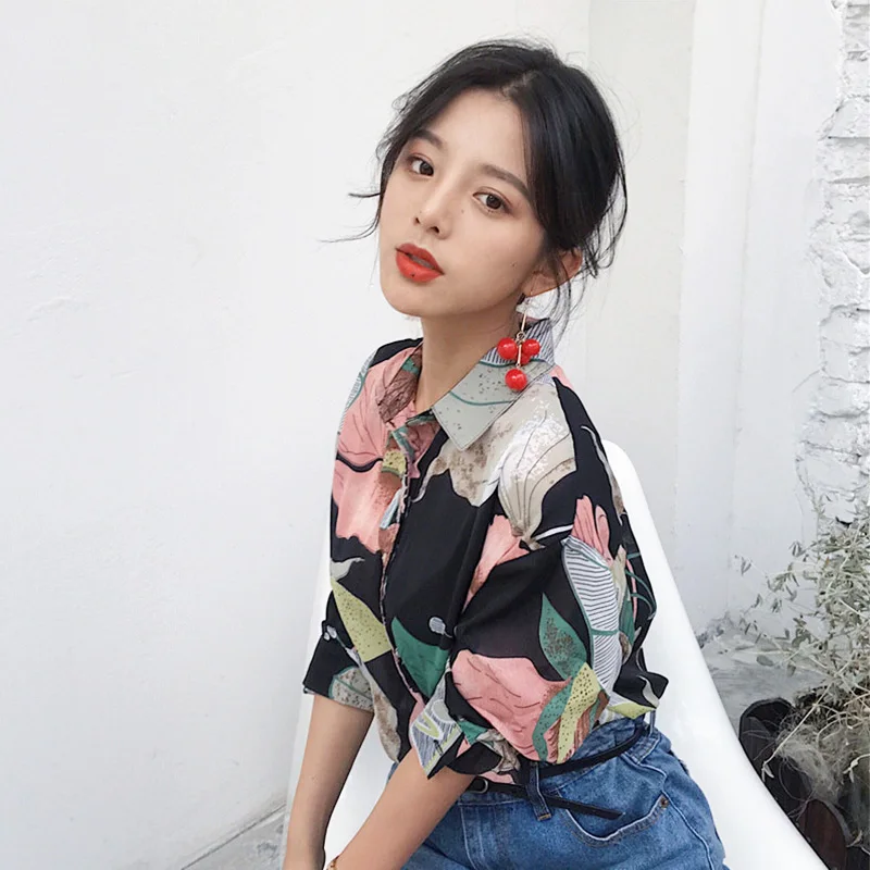 Женские винтажные рубашки с отложным воротником и цветочным принтом