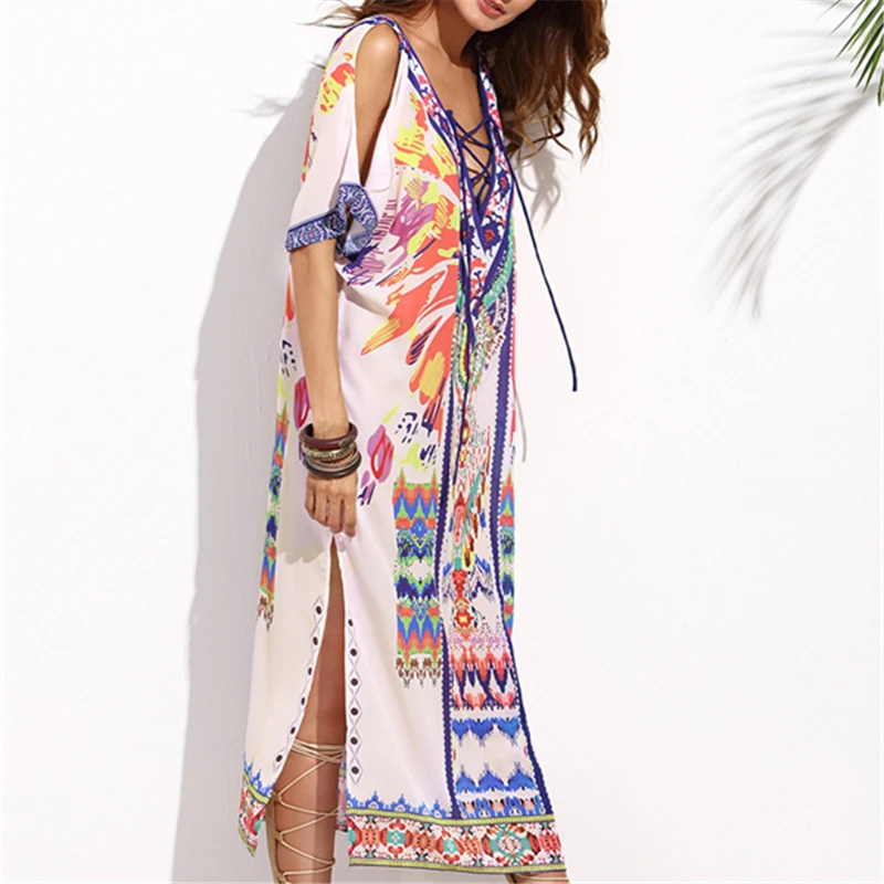 Brand Fashion Printed Kaftan Dress Back Hollow Open Fork Sexy Tied Rope Party Dresses Soft Womens Clothing #D102 | Женская одежда