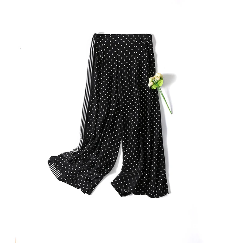 Женские широкую ногу точка шелка брюки 2017 лето высокая талия повседневная