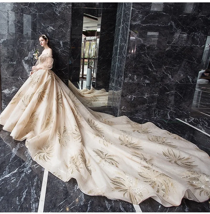 Vestido De Noiva роскошное свадебное платье цвета шампань с длинными рукавами бальное платье Дубай свадебное платье Арабский мусульманский Королевский поезд