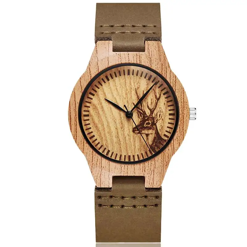 Color 3 Деревянные часы Reloj Mujer для мужчин и женщин, кварцевые, имитация деревянных часов, Страус, олень, мужские наручные часы, мягкий кожаный ремешок, мужские часы Reloj - Цвет: Color 3
