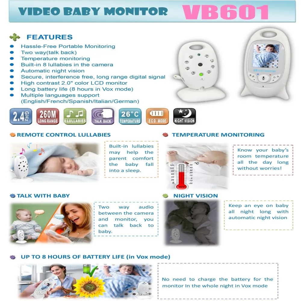 2 0 &quotцветной видео Беспроводной Детский Монитор няня VB601 Way Talk Ночное Видение