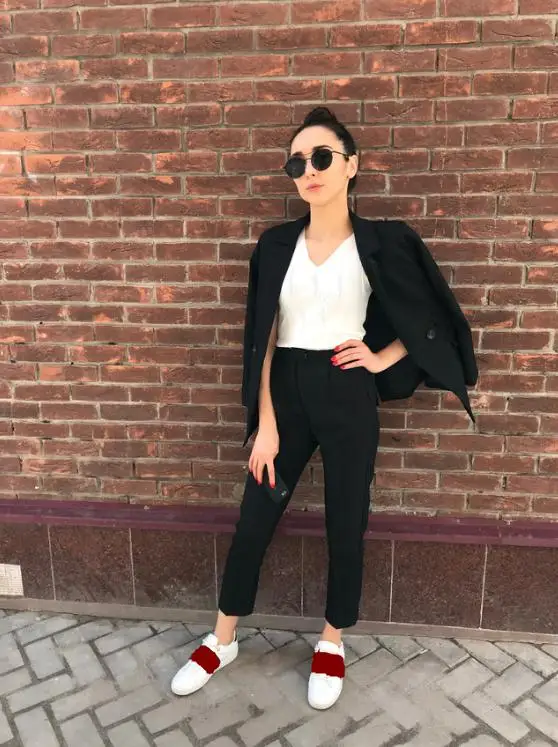 Женский плотный офисный костюм Jassion длинные брюки и жакет с поясом на резинке