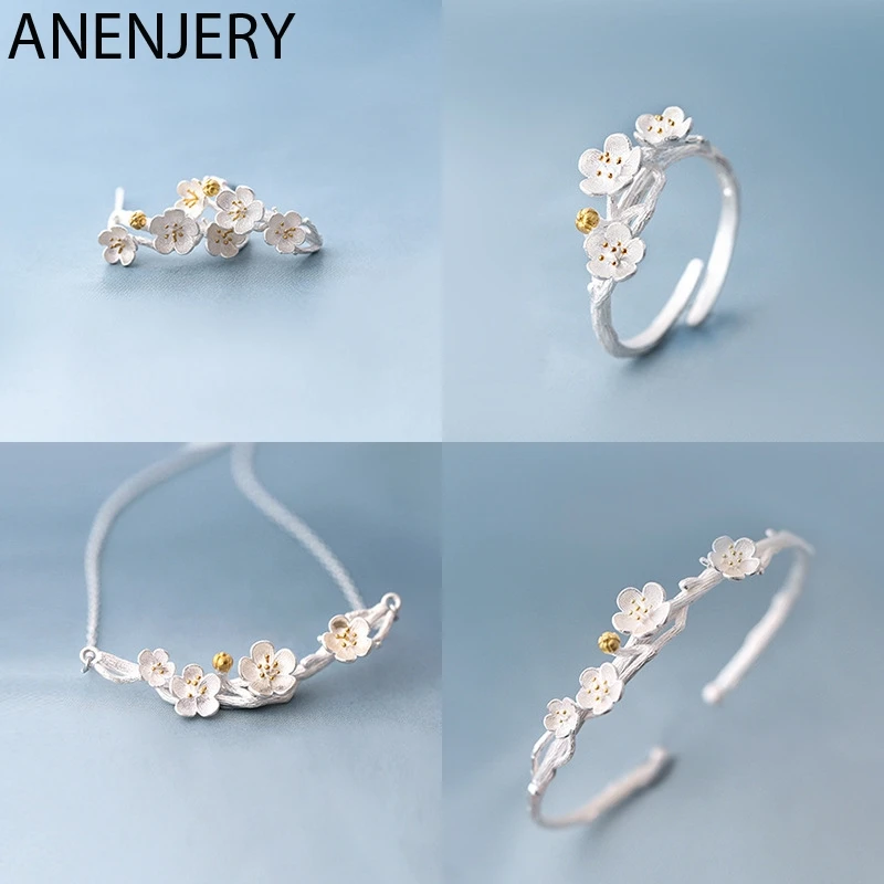 ANENJERY 925 пробы серебряные Ювелирные наборы Сакура цветок сливы ожерелье+ серьги+ кольцо+ браслет для женщин подарок