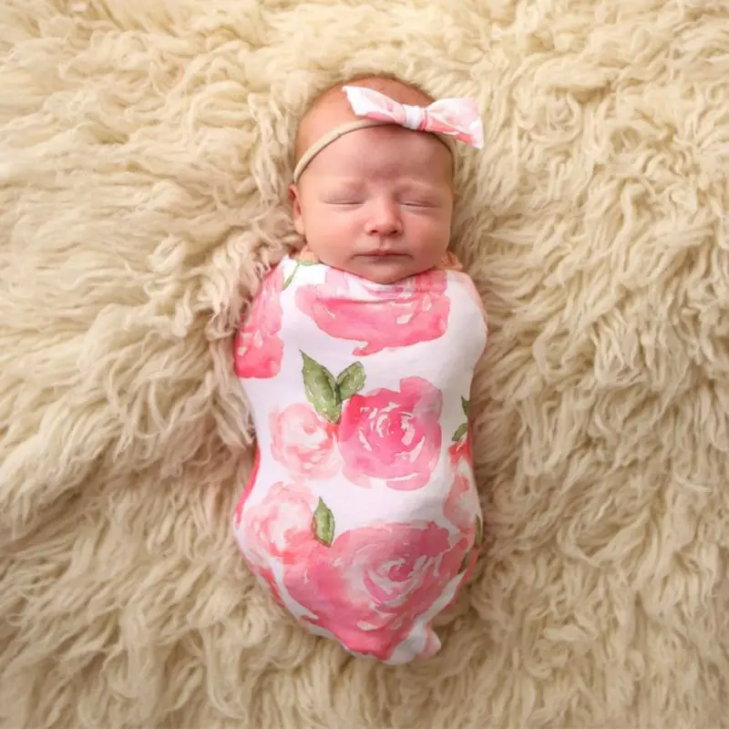 

Newborn Infant Sleeping Bag Baby Fashion Printed Muslin Wrap+Headband 2PCS New Born Photography Prop Set