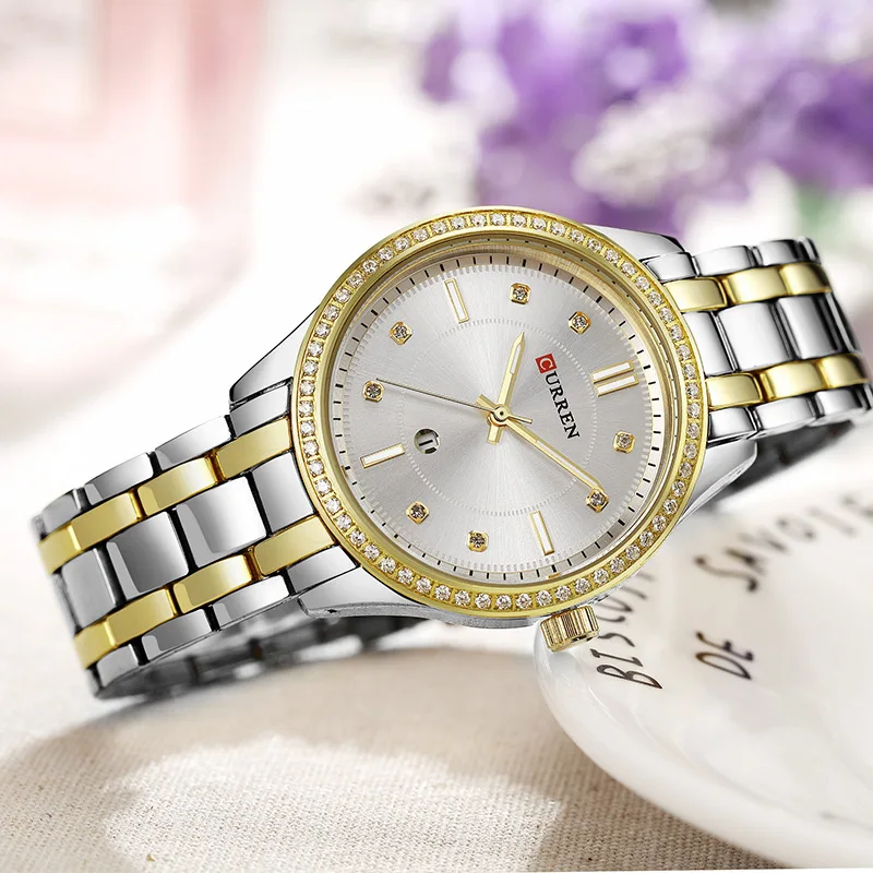 Silver Gold White Curren, женские часы, розовое золото, роскошный бренд, кварцевые часы из нержавеющей стали, женские часы, Reloj Mujer Relogio Feminino - Цвет: Silver Gold White