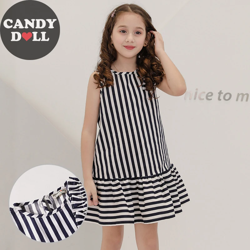 CANDYDOLL Summer Girls Dress Sleeveless Classic Striped Stitching Two-color Dresses 100% Cotton Kids Clothes for 4 5 6 7 8 9 10y | Детская