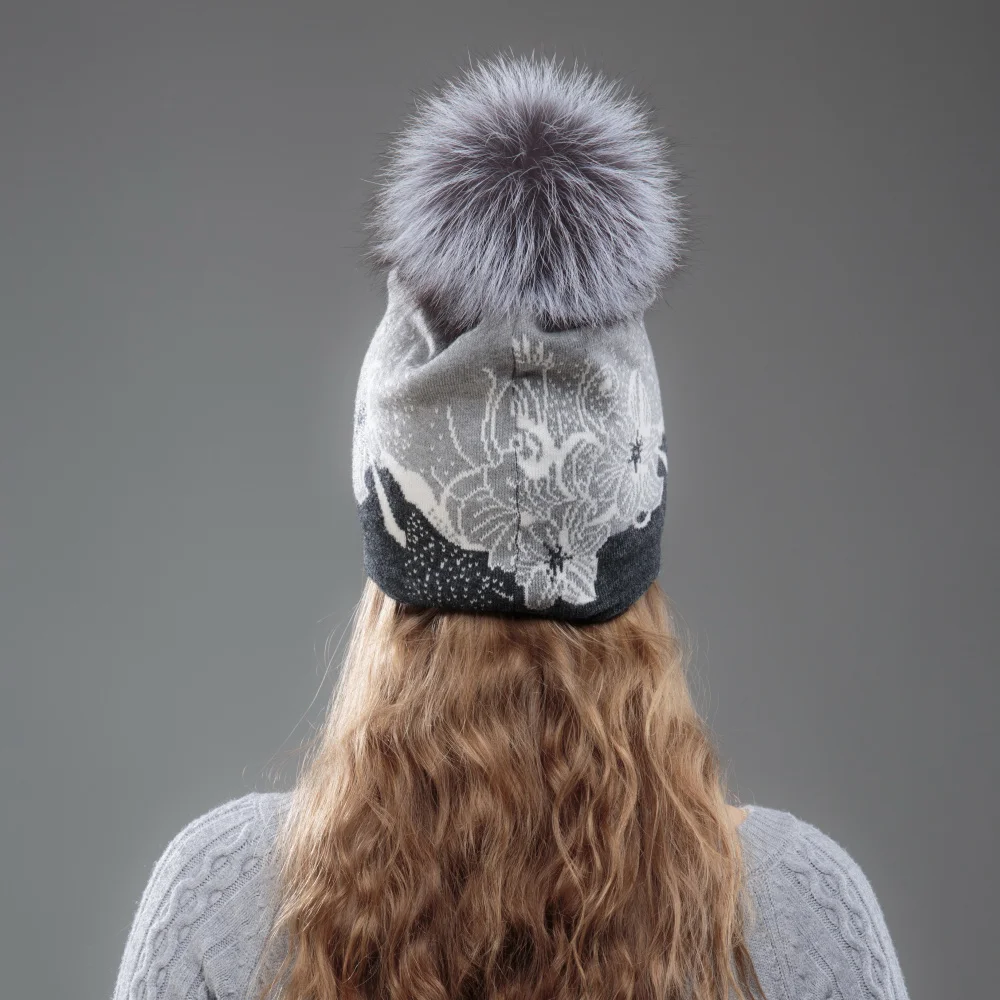 Новый Для женщин кашемировые зимние шапки с натуральным лисьим мехом шапка