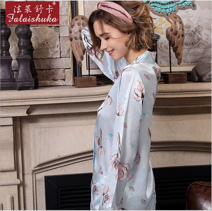 100% Silk Stain Pajama Sets  Long Sleeve Flower Print 2019 Women Pink Silk Sleepwear Two Piece Pants Sets  Homewear Clothing 2XL
