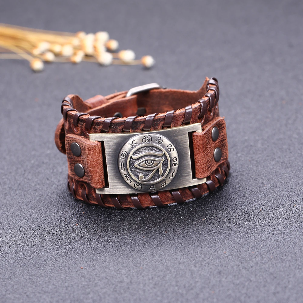 Dawapara Eyes Charm Genuine Leather Bracelet Bangles For Men's Wide Adjustable Antique Bronze Bracelets Men Jewelry | Украшения и