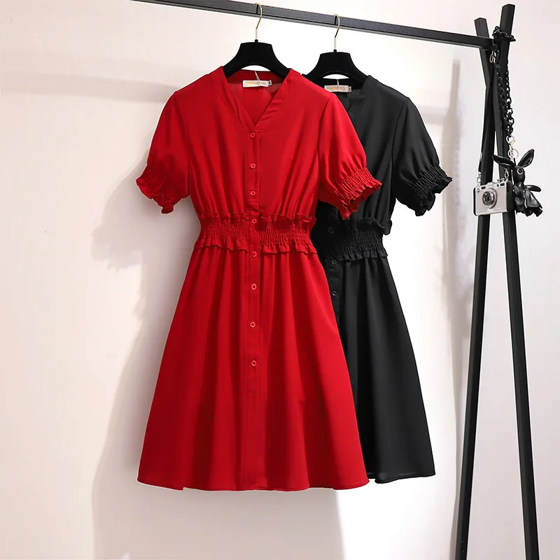 

Plus Size Summer Dress XXL 4XL 5XL 6XL V Neck Office Lady Knee Length High Waist Over Size Red Black Dress D78744