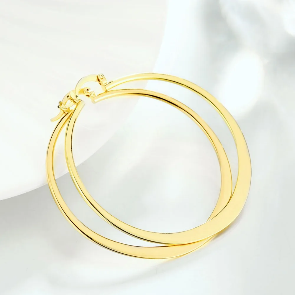 Женские серьги золотого цвета шикарные плоские круглые большие серьги-кольца 5