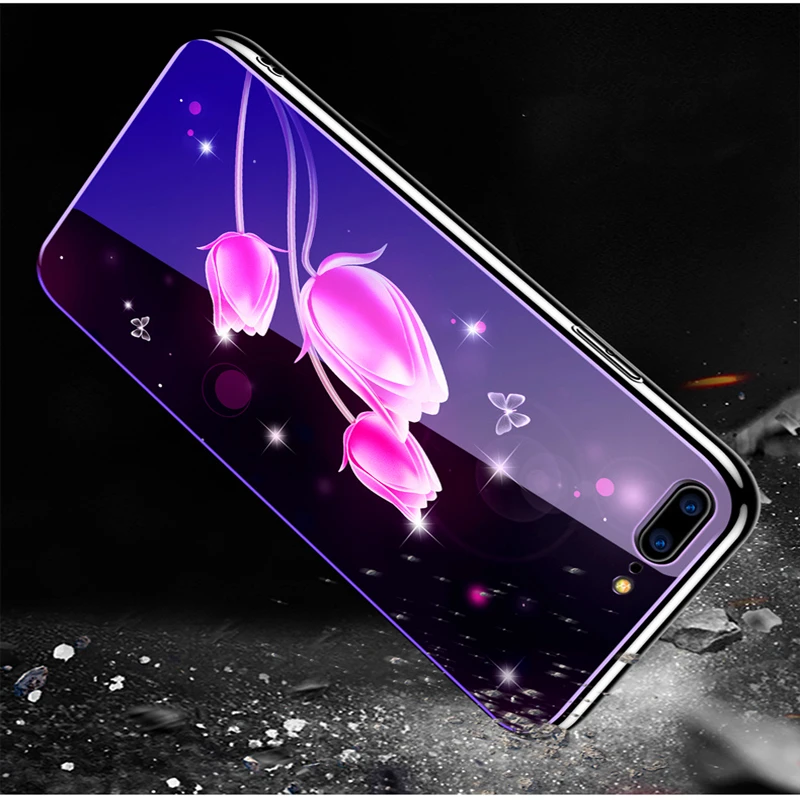 Plating Blue Light Luxury Cover For iPhone 8 7 6 6S Plus Case Tempered Glass Back Phone X XS XR XSMAX |
