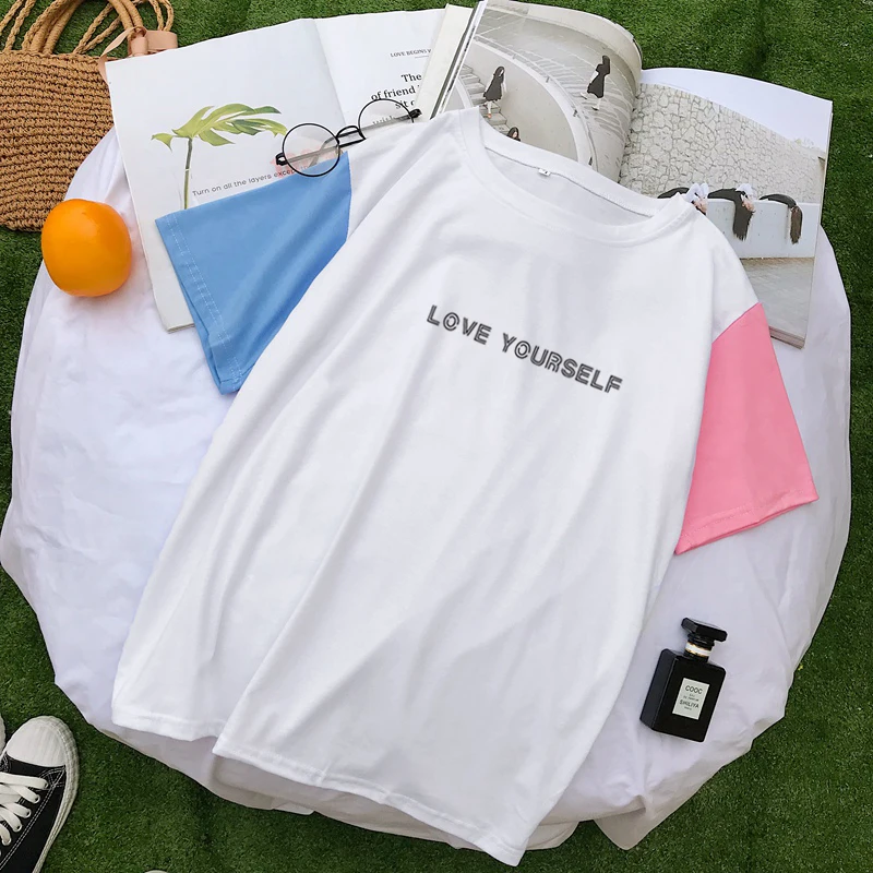 LOVE YOURSELF Letter oversized t shirt Korean Funny Top Women's tee Hit Color Spliced Cotton Kpop Woman clothes T-shirts | Женская