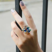 oval blue stone cz ring mix colorful cubic zirconia jewellery hollow flower womens fashion copper jewelry cocktail rings