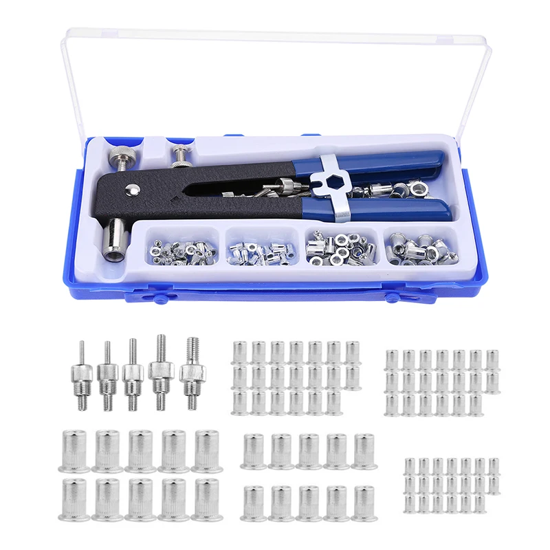 

86pcs M3-M8 Blind Rivet Nuts Threaded Insert Rivet Tool Riveter Gun with Rivnut Nutsert Riveting Kit Household Repair Tools