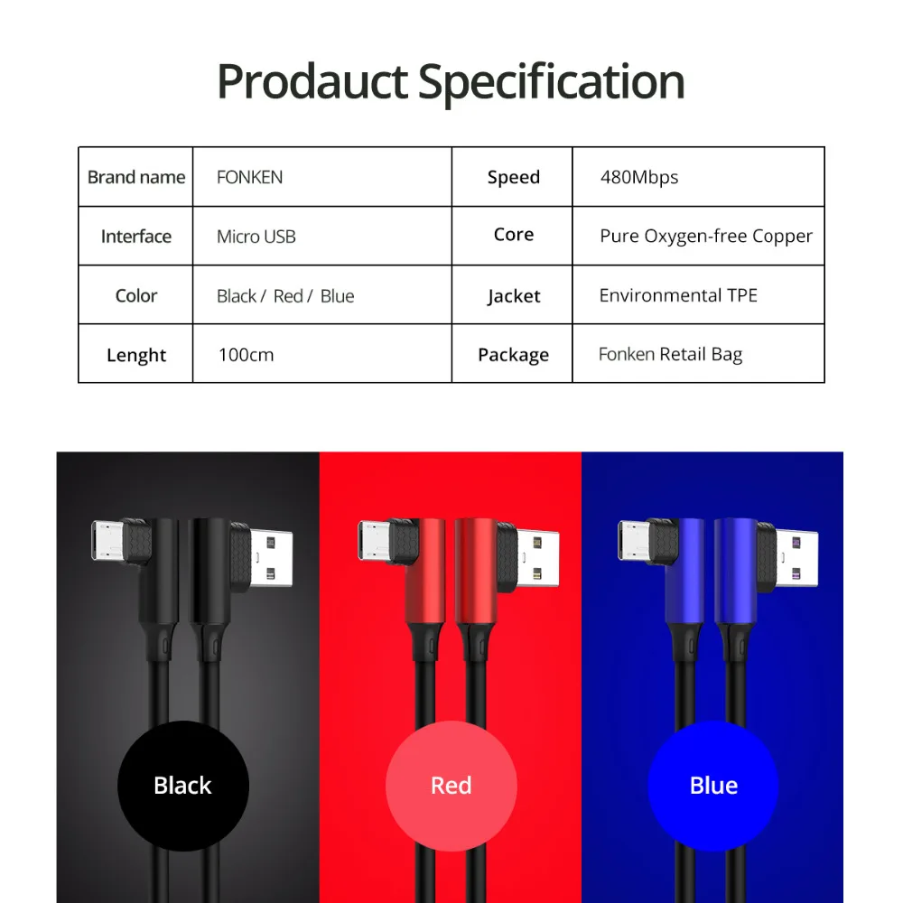 FONKEN Micro USB кабель быстрое зарядное устройство Шнур для зарядки 90 градусов изгиб