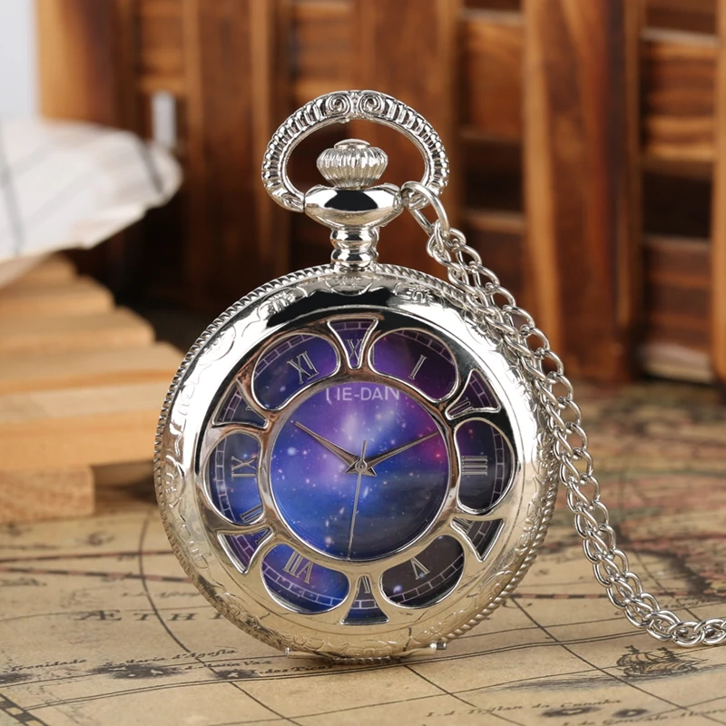 

Starry Sky Quartz Pocket Watch Silver Sweater Chain Necklace Pocket Watch Pendant Gifts for Men Women Kids Ulzzang
