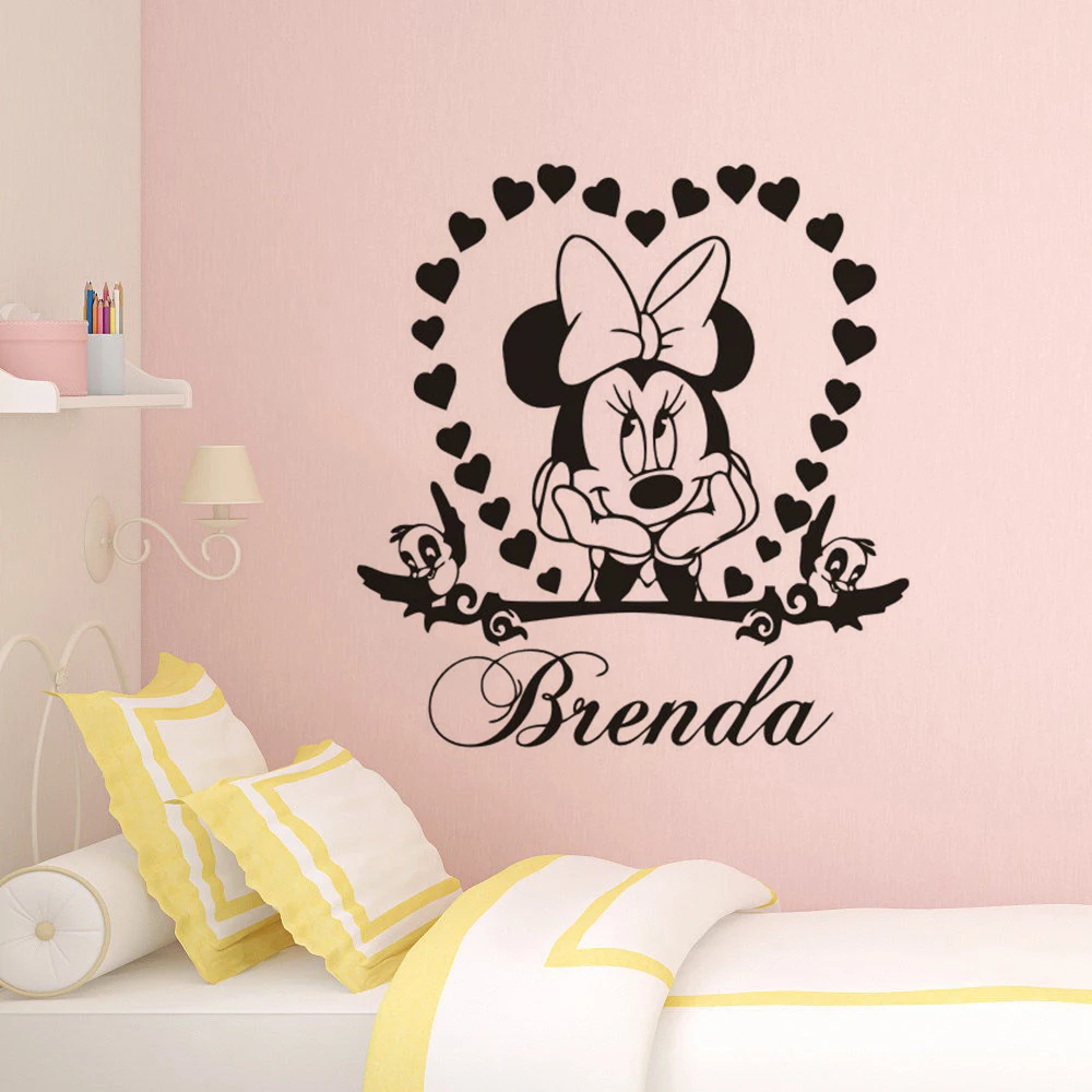 Милая Минни мышь Наклейка на стену заказ Девушки Имя настенная с сердечками